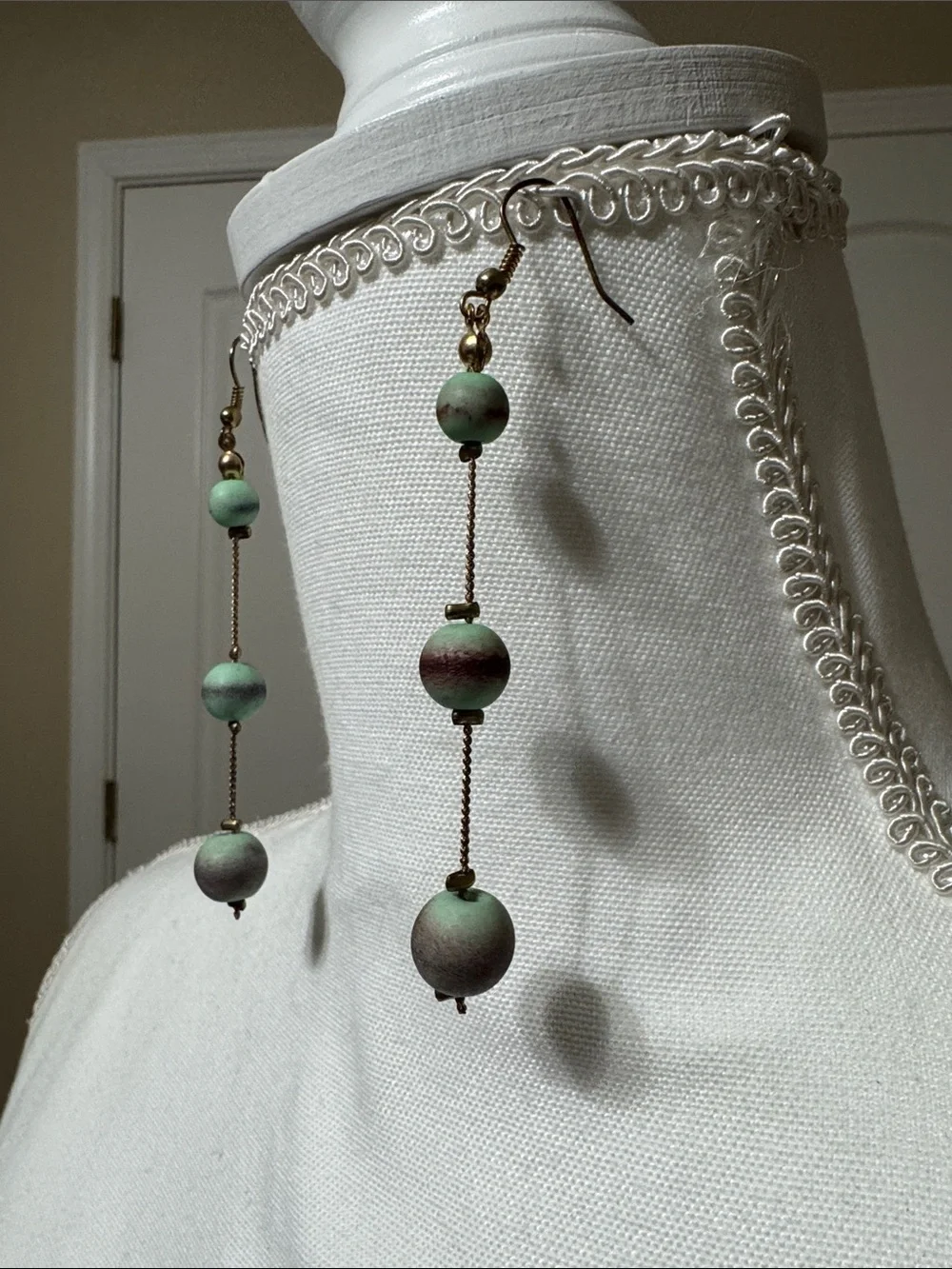 Long Green Bead Dangle Earrings - Unbranded